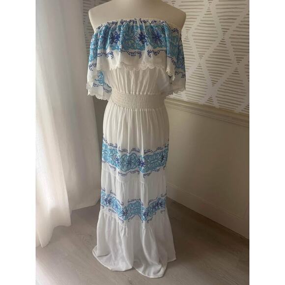 Nightcap Large White Greek Isle Embroidered Off Shoulder Flowy Maxi Dress - Picture 2 of 10